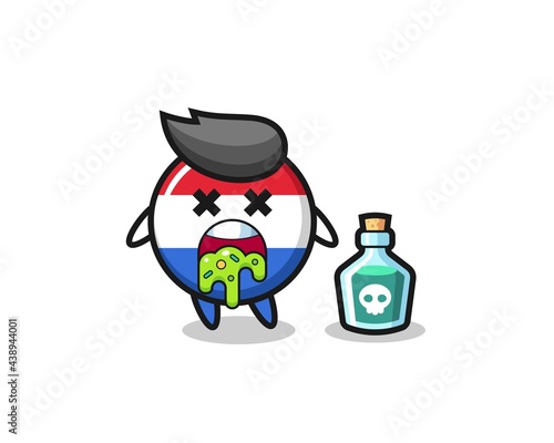 illustration of an netherlands flag badge character vomiting due to poisoning