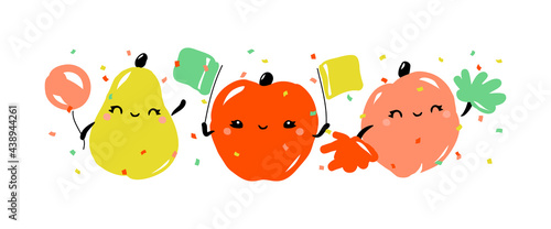 Kawaii characters of pear, apple and peach celebrating joyful holiday. Cute fruits with multicolored flags, pom poms and balloon. Vector illustration for greeting card or poster