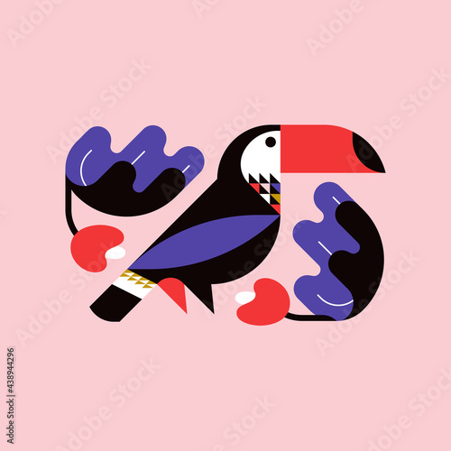 Decorative toucan with exotic palm tree leaves. Flat style vector illustration of geometric bird for elegant poster or print