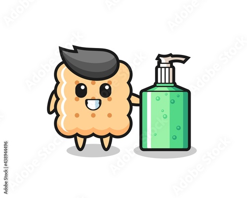 cute cracker cartoon with hand sanitizer