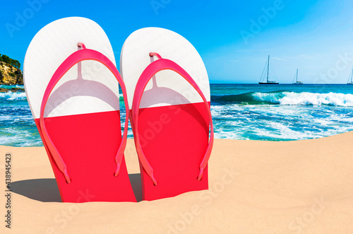Flip flops with Polish flag on the beach. Poland resorts  vacation  tours  travel packages concept. 3D rendering