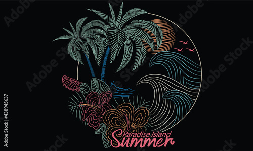 Tropical flower print design. Summer vibes vector design artwork. Beach wave line design for apparel. Beach design artwork.