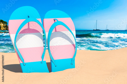 Flip flops with transgender flag on the beach. 3D rendering