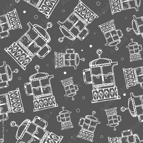 Vector seamless pattern on the theme of a tea and coffee shop. Hand-drawn illustration (vector) of a white french press teapot on a gray background. For wallpaper, wrapping paper, fabric, prints.