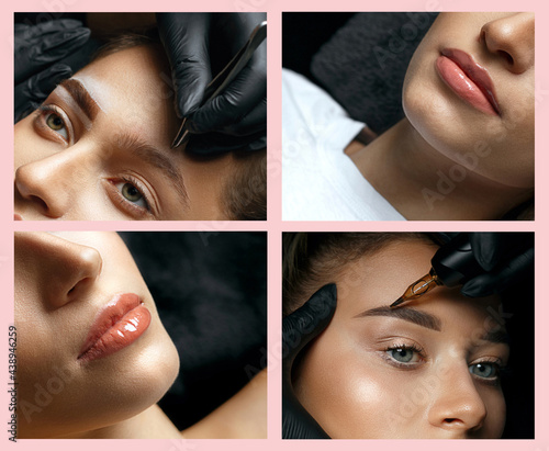 Permanent makeup photos set: cosmetician applying permanent pigment