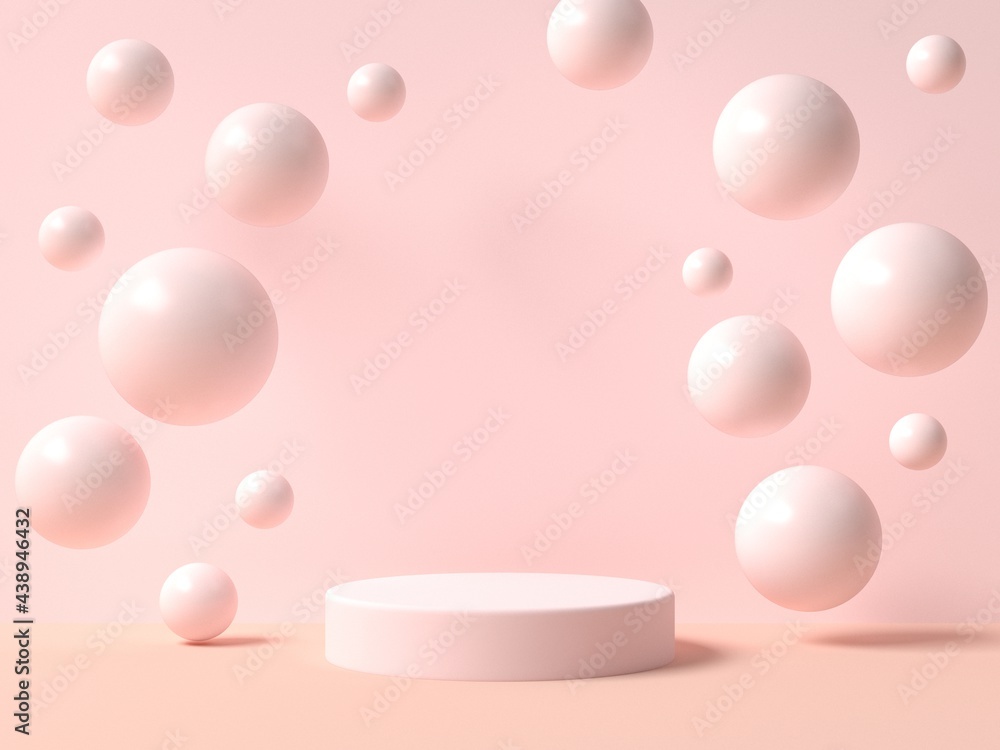 Cylinder podiums in cream pink colors with spheres around. Showcase, display case. 3d rendering. Cylinder podiums in cream pink colors with spheres around. Showcase, display case. 3d rendering.