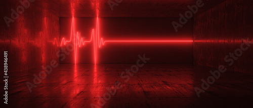 3d dark red room with pulse line inside. Abstract concept of fear, danger, life and death. 3d rendering