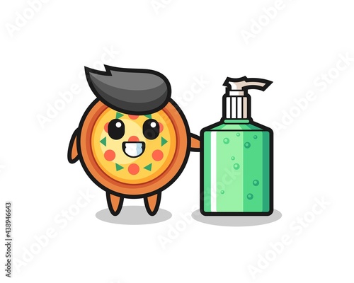 cute pizza cartoon with hand sanitizer