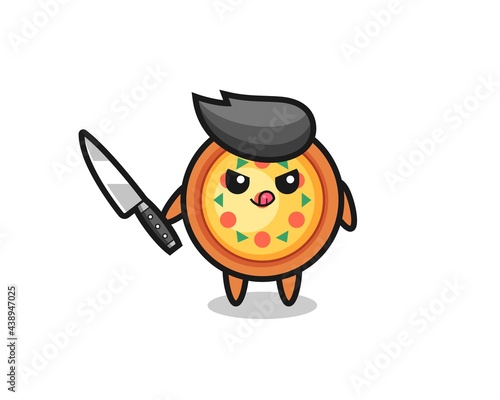 cute pizza mascot as a psychopath holding a knife