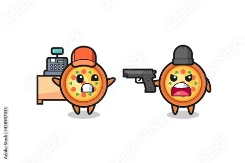 illustration of the cute pizza as a cashier is pointed a gun by a robber