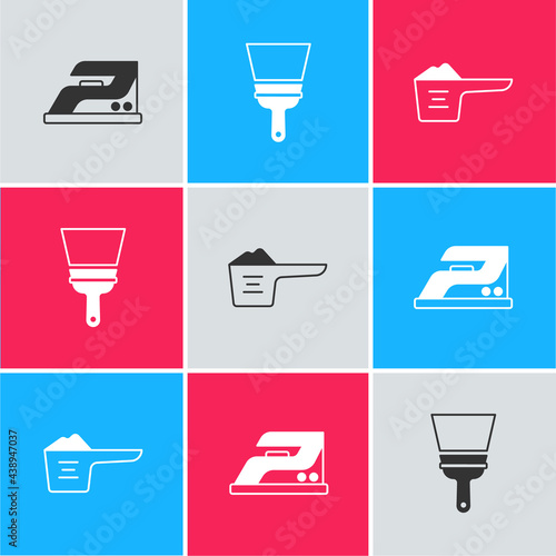 Set Electric iron, Rubber cleaner for windows and Washing powder icon. Vector