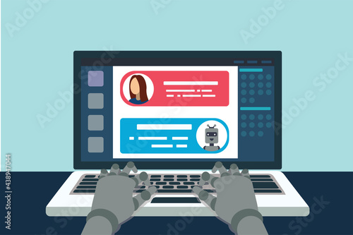 Chat bot, robot dialing text, online support, vector illustration