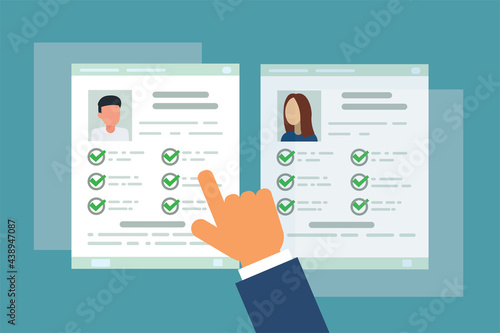 A hand that points to husband's resume, employee selection, gender inequality in job search, department of personnel, vector, illustration