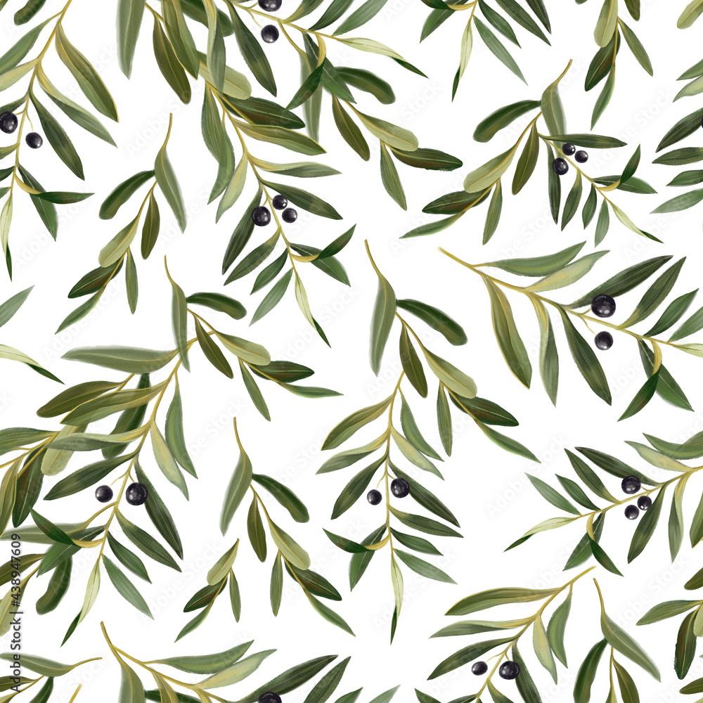 Fototapeta premium Watercolor hand painted botanical spring olive leaves and branches illustration - seamless pattern, wallpaper, wrapping paper