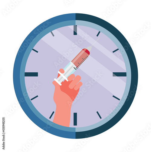 A clock with a hand holding a syringe, a vaccination time, a prevention, a vector is shown
