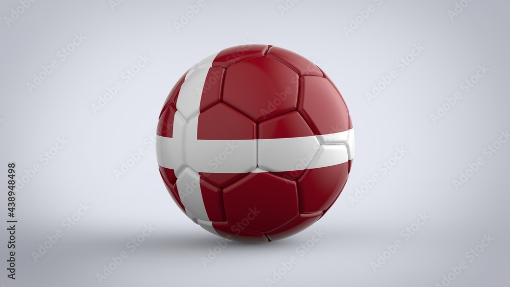 UEFA Euro championship 2020 football tournament realistic soccer game ball with national flag of Denmark isolated on solid white background 3d rendering image UEFA Euro championship 2020 football tournament realistic soccer game ball with national flag of Denmark isolated on solid white background 3d rendering image