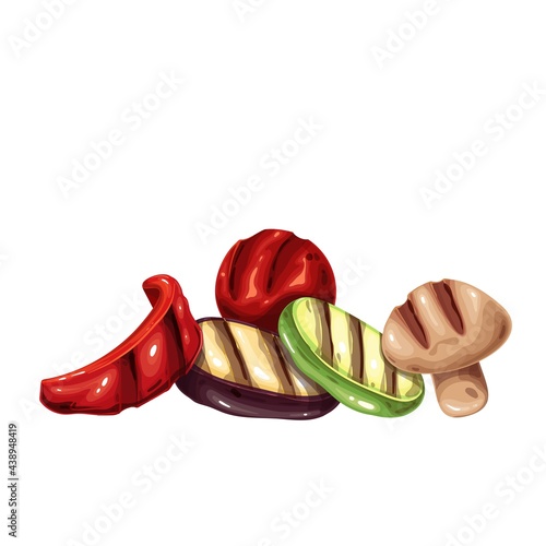Grilled vegetables heap. Vector illustration of grilled eggplant, peppers, champignon, zucchini and tomato.