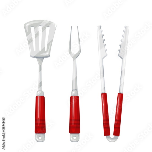 Barbecue tools vector illustration. Tongs, carving fork, spatula for grilling.