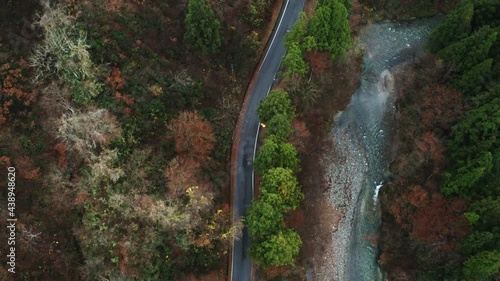 Drone shot of a forest road in Japan