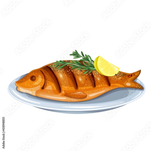 Grilled fish with rosemary and lemon on a plate. Whole roast dorado vector illustration.