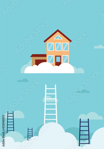 Dream house, depicted a house high in the sky on a cloud with a ladder, moving to the goal of your own home