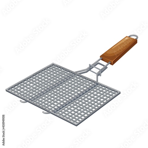 BBQ grill grid barbecue vector illustration. Manual grill grate with wooden handle