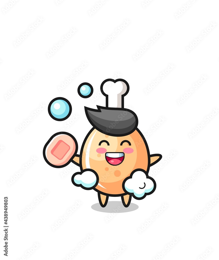 fried chicken character is bathing while holding soap
