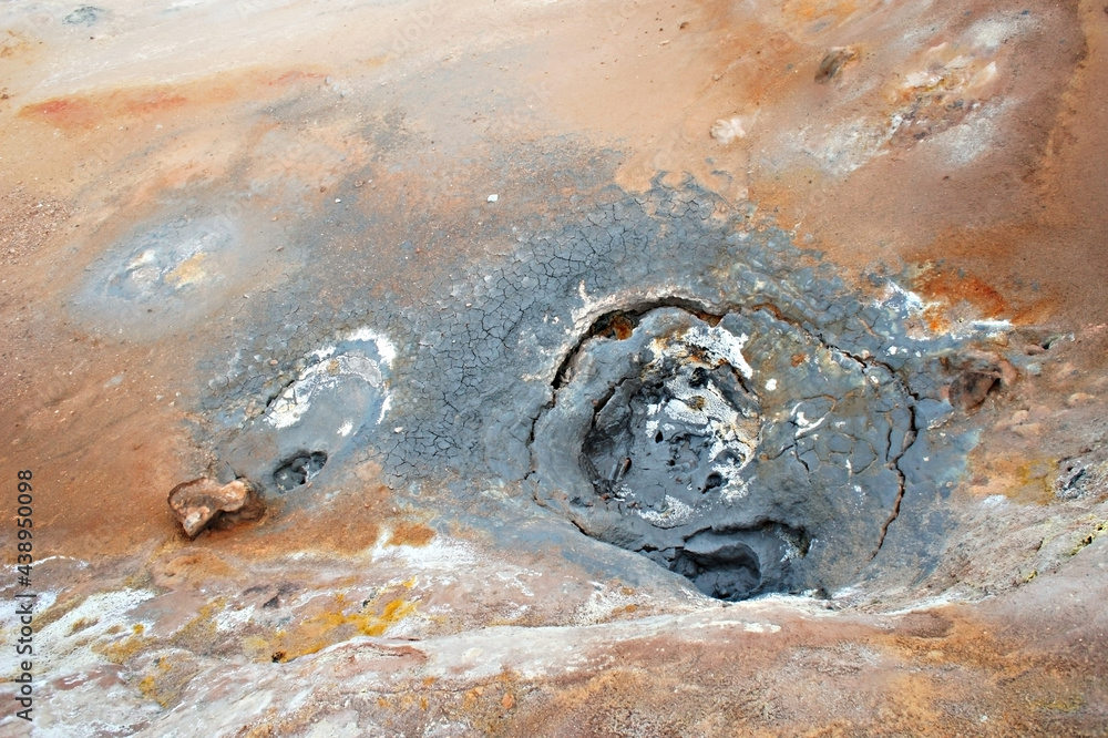 Hverir geothermal area in North of Iceland, Boiling volcano mud pots and cracked red ground, Geothermal alternative energy, Namafjall