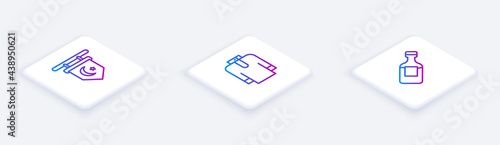 Set Isometric line Star and crescent, Shirt kurta and Bottle of water. White square button. Vector