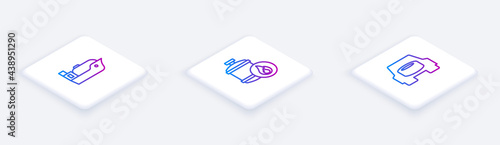 Set Isometric line Oil tanker ship, Propane gas and Spare wheel in the car. White square button. Vector