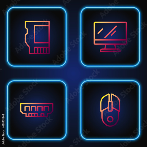 Set line Computer mouse, RAM, random access memory, SD card and monitor screen. Gradient color icons. Vector