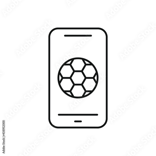Soccer ball with smartphone linear icon. Football. Thin line customizable illustration. Contour symbol. Vector isolated outline drawing. Editable stroke
