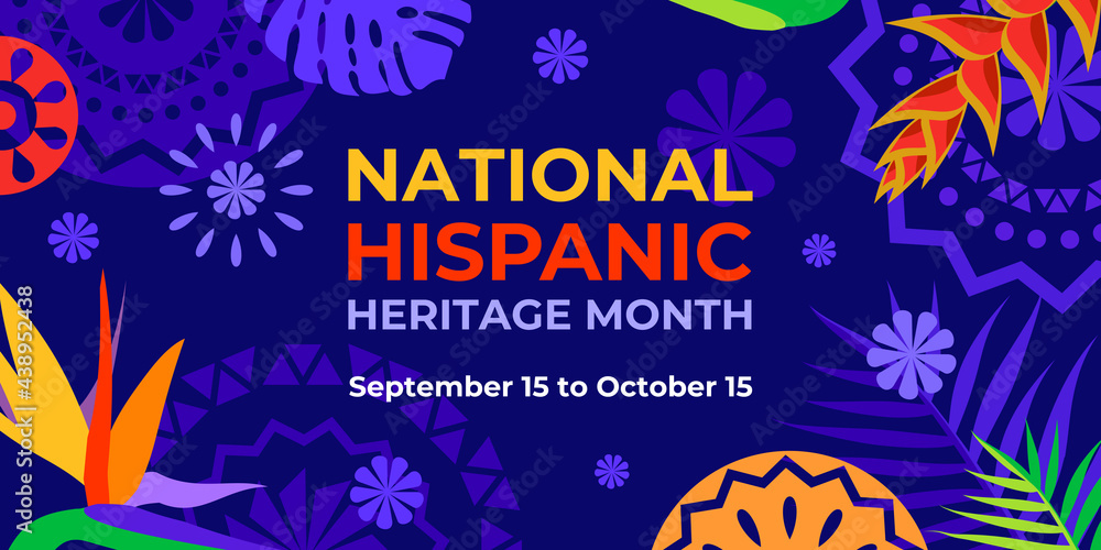 Hispanic heritage month. Vector web banner, poster, card for social media, networks. Greeting with national Hispanic heritage month text, Papel Picado pattern, tropical plants on purple background. - obrazy, fototapety, plakaty 