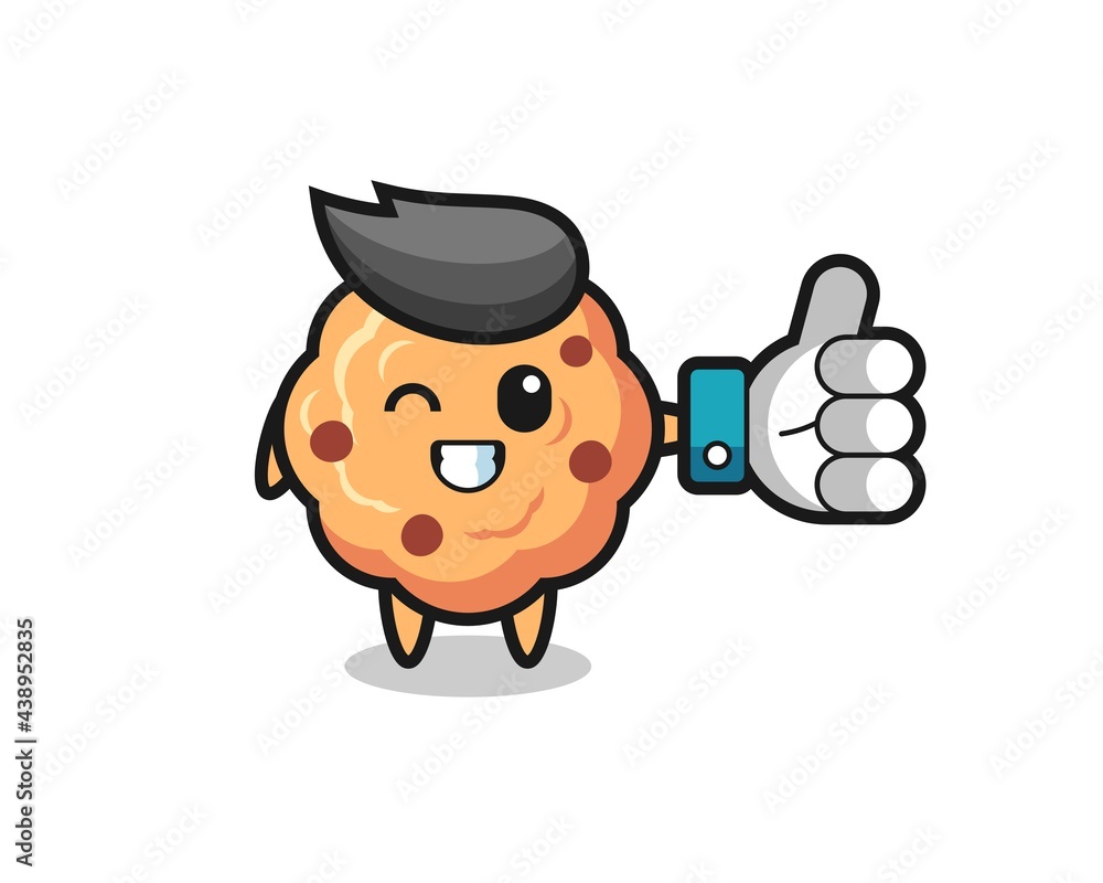 cute chocolate chip cookie with social media thumbs up symbol