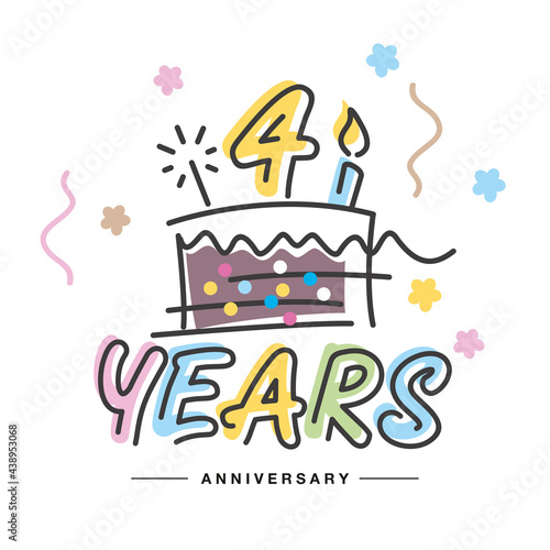 4 Years Anniversary handwritten typography lettering Greeting card with colorful big cake, sparkle firework, number, candle and confetti