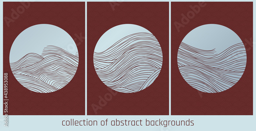vector collection abstract japanese style landscapes in blue silver circle and dark orange red lines