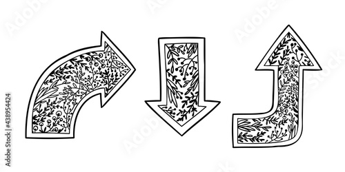 set of doodle arrows stylized with flowers and plants. hand drawn arrows isolated on white background. Beautiful fully editable business design element.