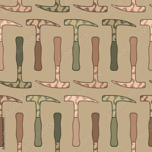 Horizontal doodle camo rock pick hammer seamless pattern. Camouflage military geological hammer repeat background. For scrapbooking, wallpaper, fabric, wrapping, invitations, card.