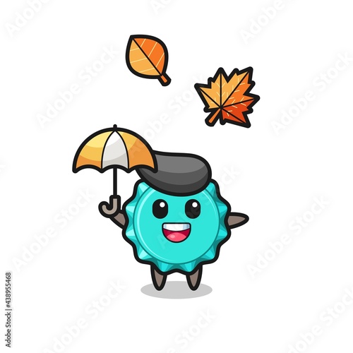 cartoon of the cute bottle cap holding an umbrella in autumn