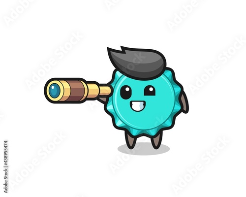 cute bottle cap character is holding an old telescope
