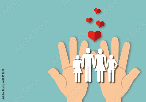 Hand holding a paper family and red heart on blue background, Family love, warmth, unity, oneness, care, protection, concept family. paper cut style.