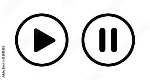 Play and pause button. Sign player. Icon play or pause video. Symbol click. Black button isolated on white background. Circle start or stop media, music, audio, multimedia. Graphic round icon. Vector