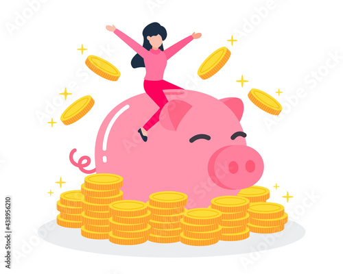 Woman sits on a pink piggy bank with stack of golden money coins. The creative financial concept of savings, wealth, or rich. Simple trendy cute cartoon vector illustration. Flat style graphic design.