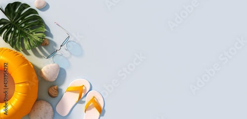 summer background, palm leaves and glasses on blue background.,copy space,Top view,3d rendering