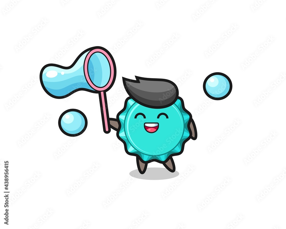happy bottle cap cartoon playing soap bubble happy bottle cap cartoon playing soap bubble