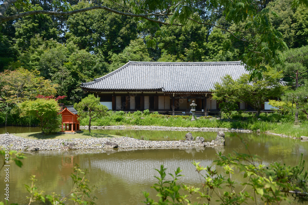 Obraz premium 浄瑠璃寺 庭園と本堂 京都府木津川市
