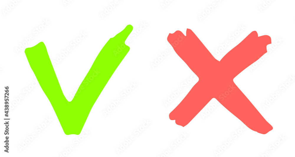 Green check mark and red X cross vector illustration. Checkmark vector icons. Green tick and red x cross check marks. Grungy hand drawn style. Accepted and rejected symbols. Yes and no flat signs Green check mark and red X cross vector illustration. Checkmark vector icons. Green tick and red x cross check marks. Grungy hand drawn style. Accepted and rejected symbols. Yes and no flat signs