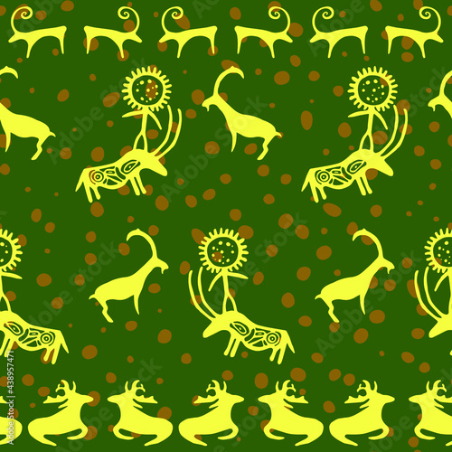 Cave drawing animals goat, sheep,  elk and cow carring a man vector seamless pattern graphic design. Ancient cave art of ox bullock, deer stag, nowt neat, beef animals. Cave painting seamless pattern.