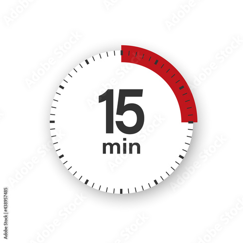 15 minutes timer. Stopwatch symbol in flat style. Isolated vector illustration.	