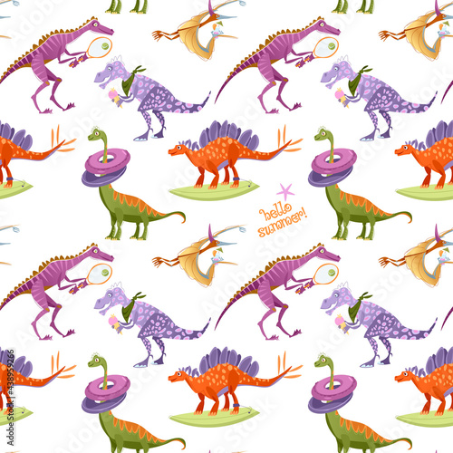 Dinosaurs playing outdoors. Fun summer activities. Hello summer  Seamless background pattern.